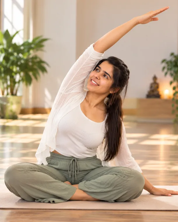 Smiling yoga teacher in a seated side stretch