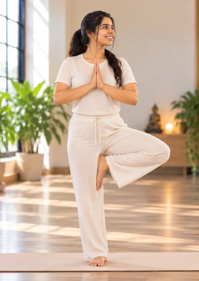 Yoga teacher in tree pose with hands in namaste
