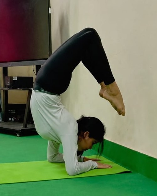 Prachi practising Vrischikasana, the scorpion pose