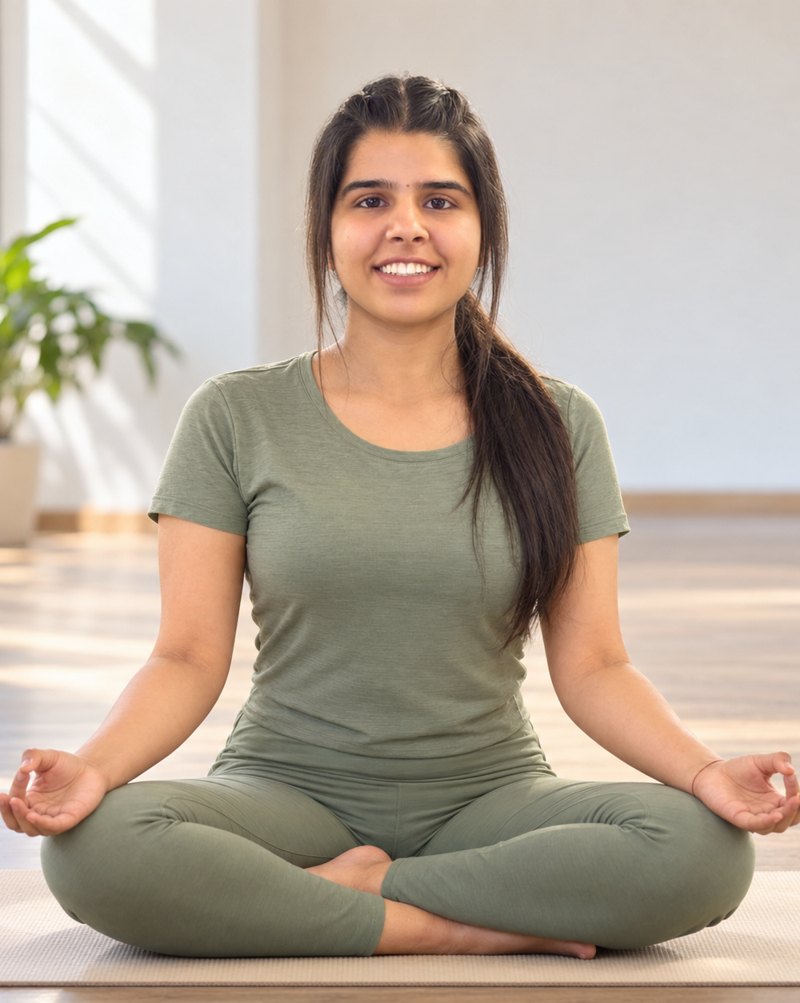 Prachi Malik seated in Sukhasana, smiling